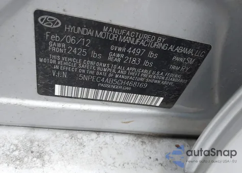 2012 Hyundai Sonata Limited 2.0T z USA, uszkodzony, nr VIN 5NPEC4AB5CH468169